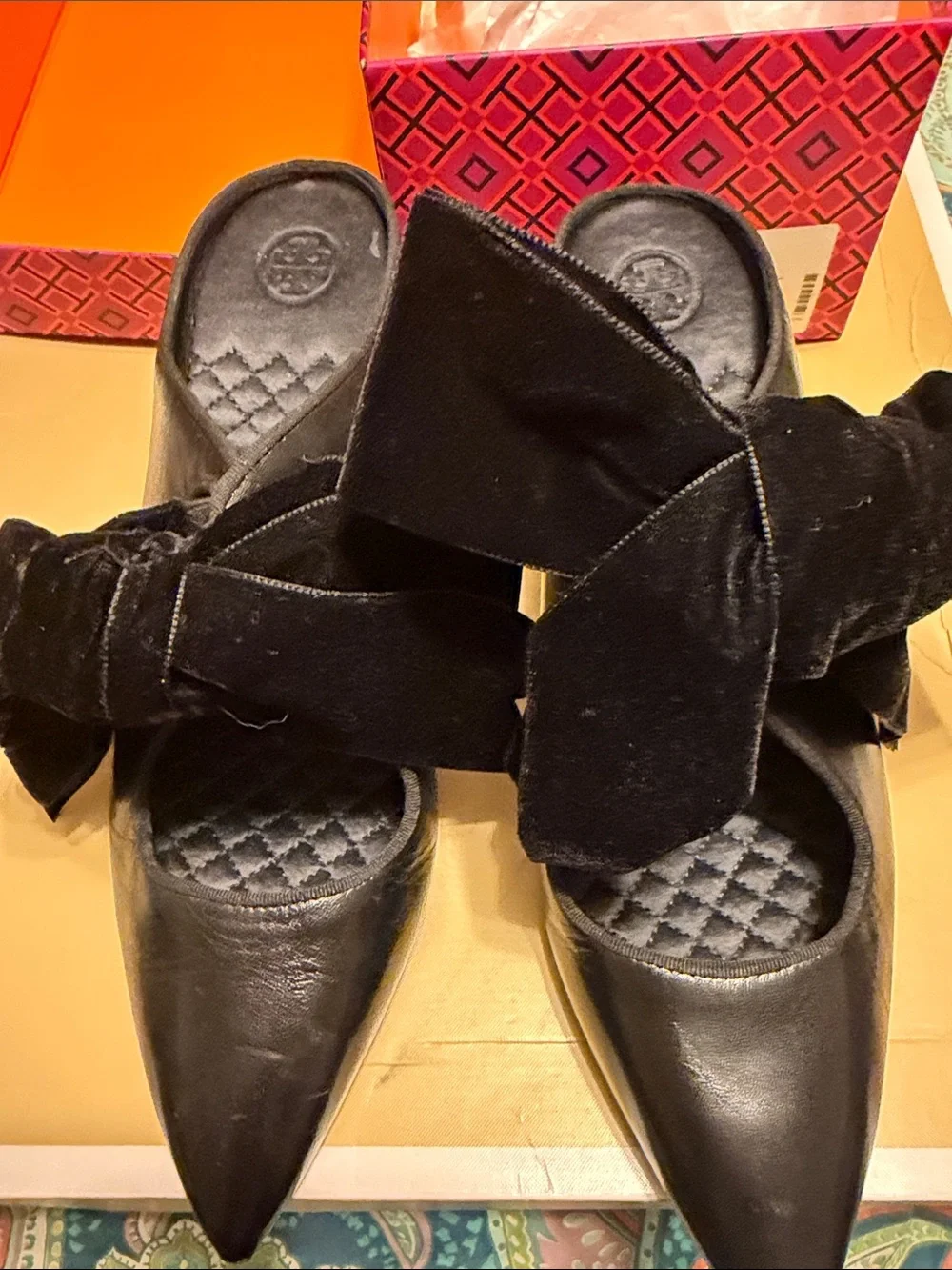 Tory Burch Black Pointed-Toe Velvet Bow Mules